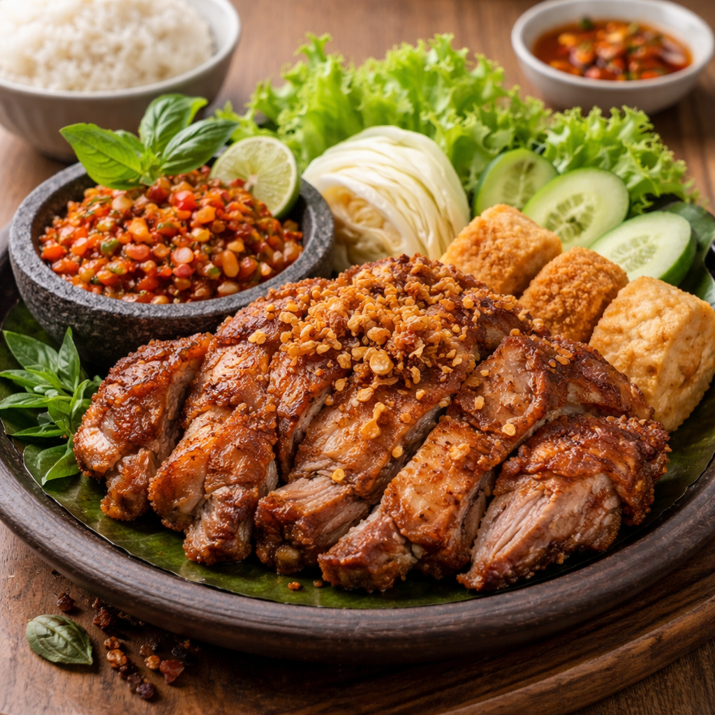 Babi Penyet Jumbo Eat and Eat – paha babi goreng dengan lalapan dan sambal
